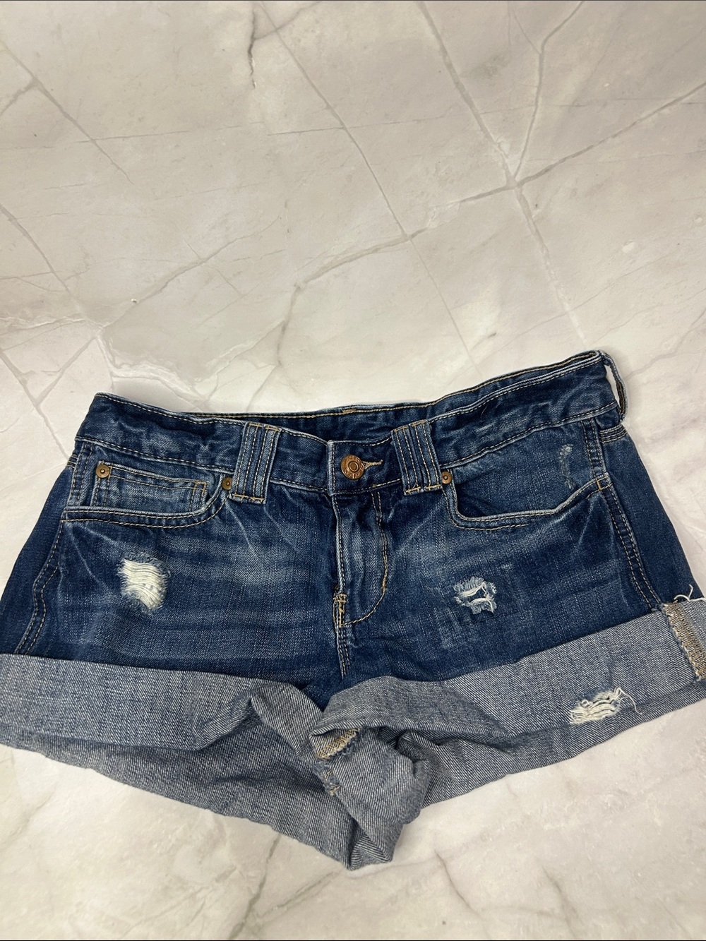 GAP Dark Blue Rolled Hem Distressed Denim Shorts